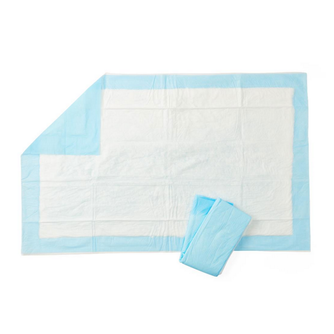 A Medline Protection Plus Disposable Underpad, rectangular with a blue border and white absorbent center, is spread out with two folded pads on top at the bottom right. For more details, view Specifications or watch Videos.